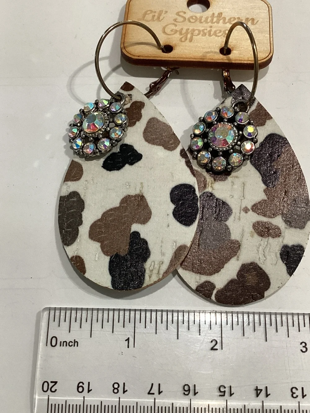 Brown Cowhide Teardrop Earrings with Crystal Accent